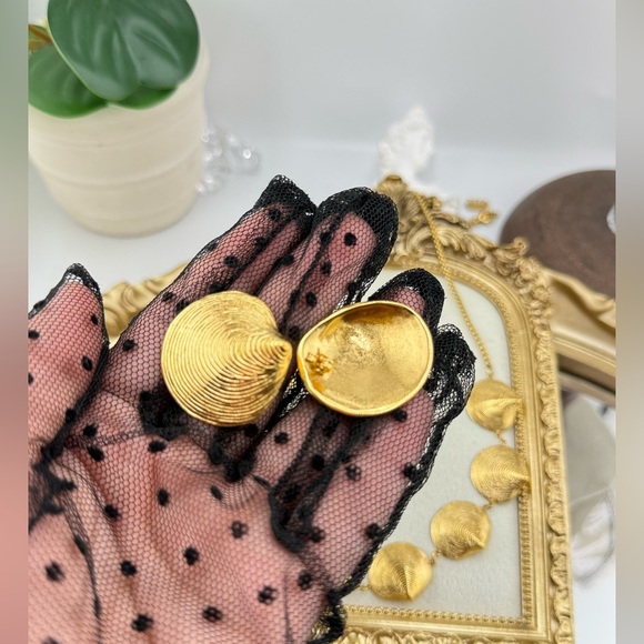 Gold Textured Seashell Statement Earrings – PVD Plated Stainless Steel - Picture 11 of 12